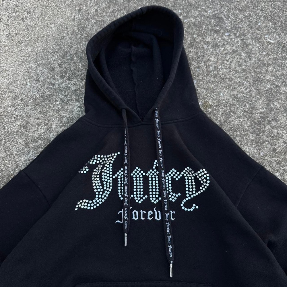 Vintage Y2K Juicy Couture Forever 21 Rhinestone Spellout Hoodie Black M (g6)